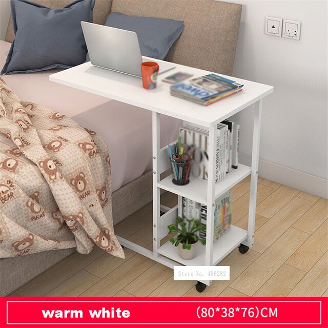 Mesa auxiliar con marco de acero para ordenador portátil, mesa pequeña de 2 capas con polea móvil, Simple y móvil: warm white