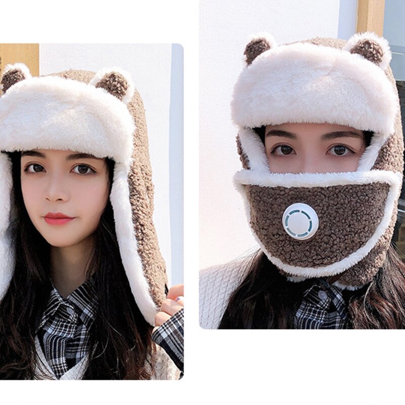 Vrouwen Cartoon Beer Oren Winter Trooper Trapper Hoed Met Verwijderbare Stofdicht Gezichtsmasker Thermische Fleece Voering Oorklep Cap