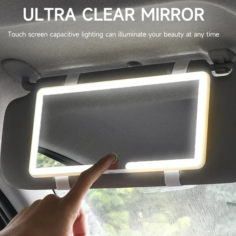 espejo LED de maquillaje para coche, parasol HD, espejo colgante de maquillaje, carga automática, espejo cosmético, pantalla táctil, luz regulable