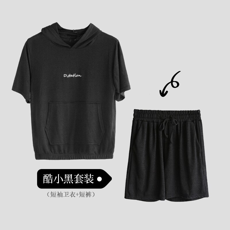 Spring and Summer Women Homebody Suit Short Sleeve Fleece Pants Leisure Thin Cool Housecoat Walking Dress: black