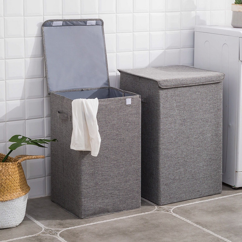 Bomuldslinned vasketøjskurv med dækning stor kapacitet badeværelse opbevaringskurv husstand sammenklappelig vandtæt tøjvask