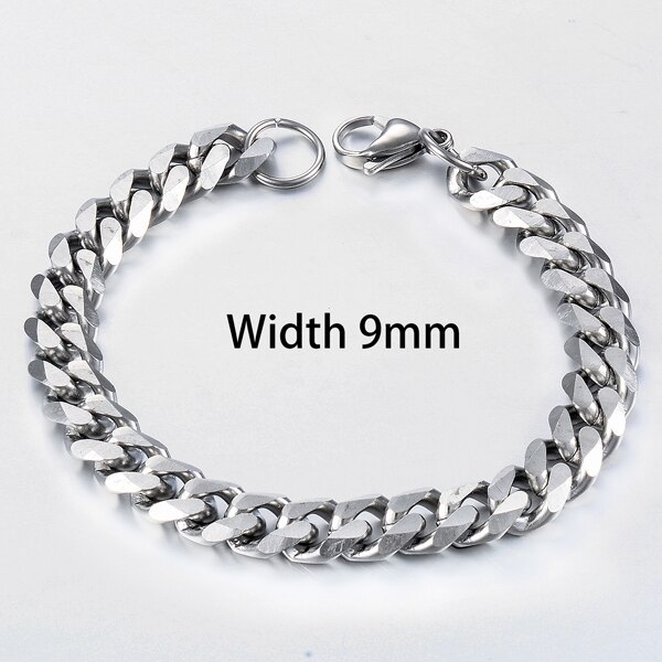 Pulsera cubana de acero inoxidable para hombre y mujer, joyería: Silver 9mm / 20 cm