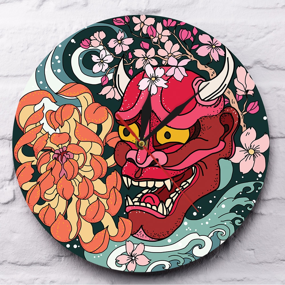 Gothic Style Red Oni Demon Mask Acrylic Wall Clock Japanese Dragon Peony Flower Wall Art Japan Sherpa Evil Home Decor Timepiece