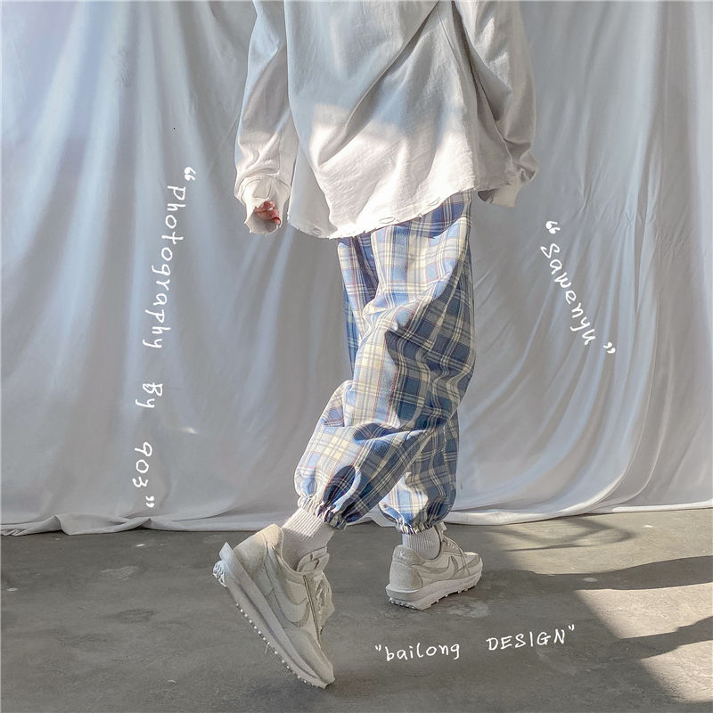 Herfst koreaanse geruite broek heren retro trekkoord casual broek heren streetwear losse hiphop rechte broek heren broeken