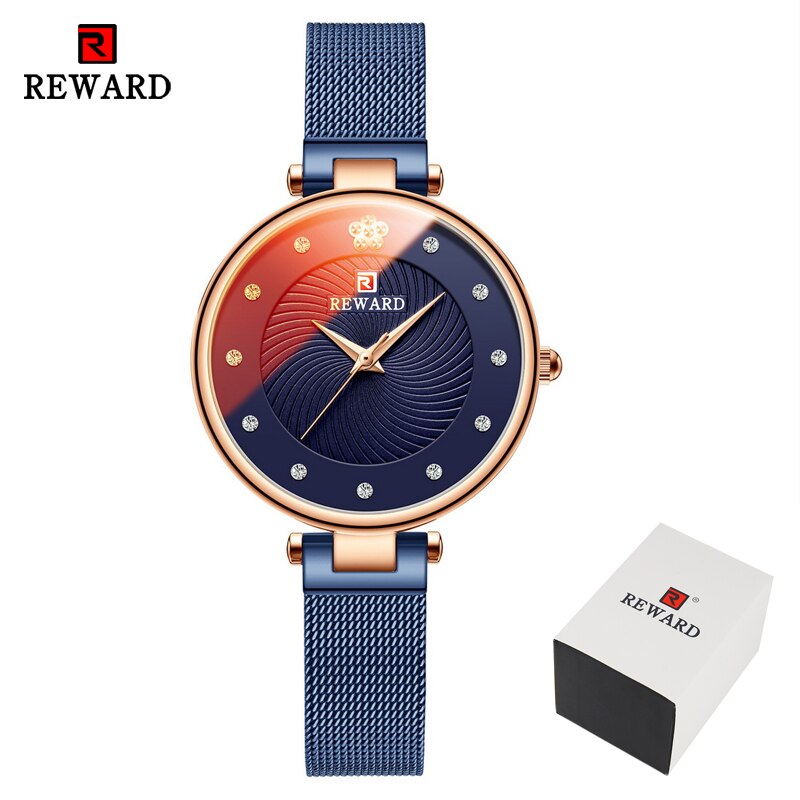 Belønning ur kvinder multifarve spejl ure quartz ure dame rustfrit stål vandtæt armbåndsur simpelt pige ur: Blå i kasse