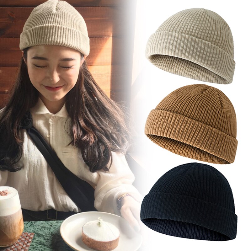 Beanie Hat Cap Roll up Warm Fisherman Knitting Solid Color for Men Women Winter ZJ55