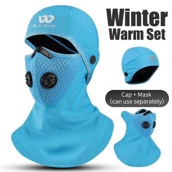 WEST BIKING Winter Ski Mask Cycling Skiing Running Sport Training Face Mask Balaclava Windproof Soft Keep Warm Full Face Mask: Lblue with filter