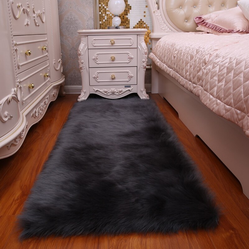 Faux Fur Tapijt Tapijt Voor Woonkamer Pluche Lange Haar Floor Mat Antislip Nachtkastje Tapijten Slaapkamer Thuis Gebied kleed Effen Kleur: L 60x120cm / Black