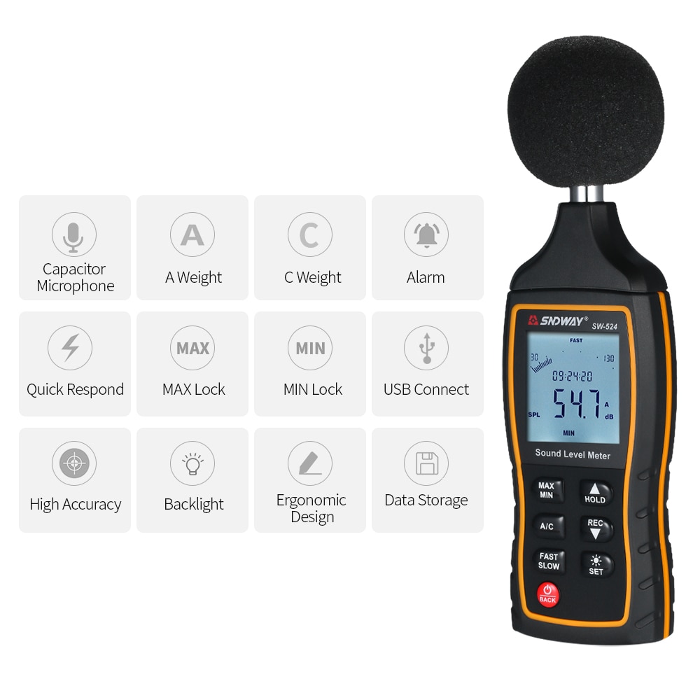 SNDWAY SW-524 30-130dB Digital Sound Level Meter Digital Noisemeter Noise Volume Measuring Instrument Decibel Monitoring Tester