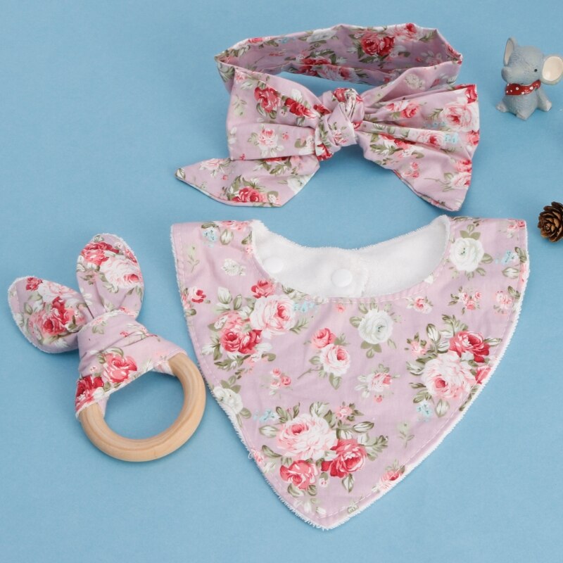 3 Pcs Baby Kaninchen Ohren Baumwolle Mischung + Holz Beißring Baumwolle Lätzchen Stirnband Infant Speichel Handtuch Pflege Set Fütterung Bib