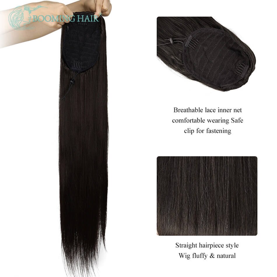 Straight Wrap Around Drawstring Ponytail With Two Plastic Combs Pony Tail Extensions For Women By BOOMING HAIR