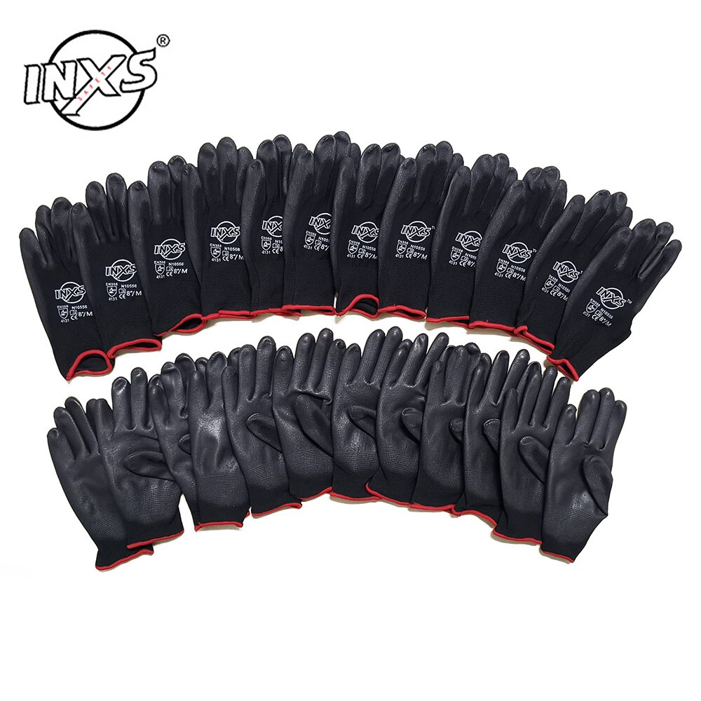 INXS 12 paires Polyester Nylon PU revêtement sécurité travail gants pour constructeurs pêche jardin travail anti-dérapant gants de