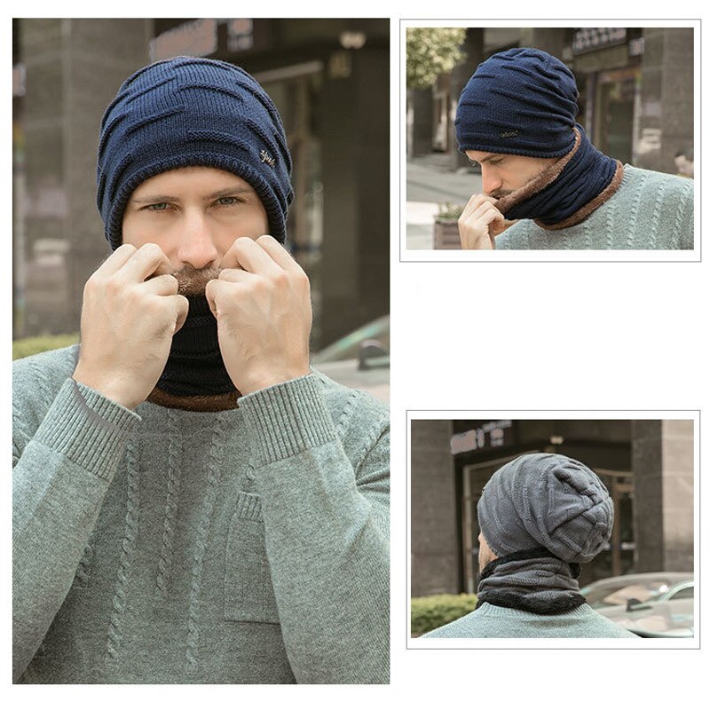Czapki zimowe typu czapka bez daszka zestaw szalików 2019 ciepłe czapki z dzianiny czapka z czaszkami szyi cieplej z grubym podszyty polarem czapka zimowa i szalik dla mężczyzn