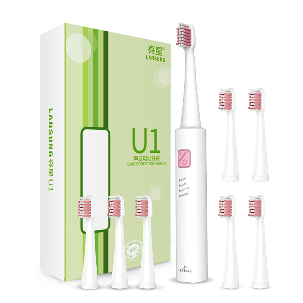 Lansung Schall- Elektrische Zahnbürste Ultra Schall- USB Aufladbare Erwachsene Zahnbürste Clever 4 Zahnbürste Köpfe Austauschbare Bleichen: U1 Weiß Rosa 8 Kopf
