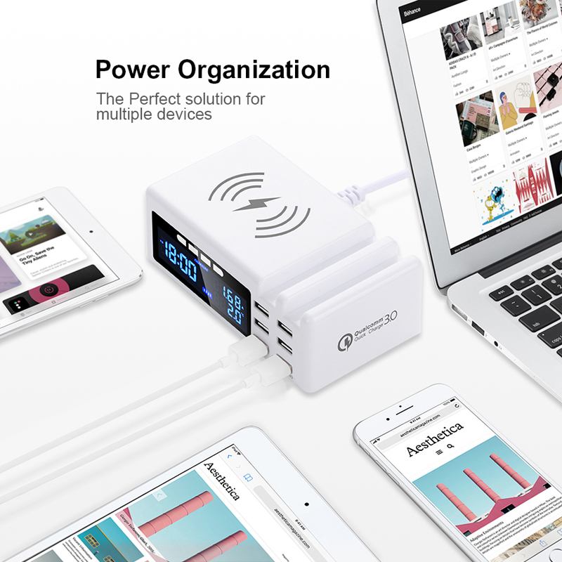 Electric LED Alarm Clock Fast Charger USB Charging Phone Smart Wireless Digital Thermometer Clock Snooze Table Clock Home Decor