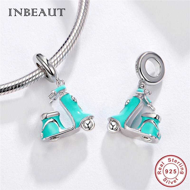 Inbeaut 100% Echt 925 Sterling Zilver Blauw Emaille Elektrische Scooter Charms Leuke Motobike Kralen Fit Armband Sieraden