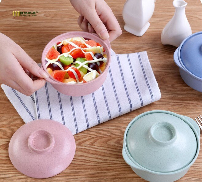 1PC Pure natural wheat straw Lovely Lunch Tray Dishes Soup Bowl with Lid Dinnerware Plate Plastic Tableware LF 132