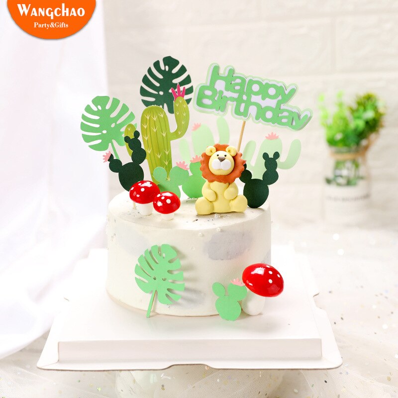 Forêt verte Cactus thème joyeux anniversaire gâteau Topper Kawaii Lion gâteau décoration enfants faveurs Safari fête d'anniversaire fournitures