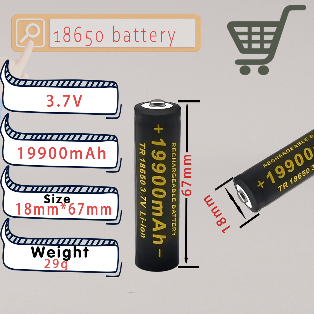 Batterie au lithium rechargeable 18650 | 3,7 V 19900 mAh 100% neuf, parfait pour les lampes de poche et les outils électriques
