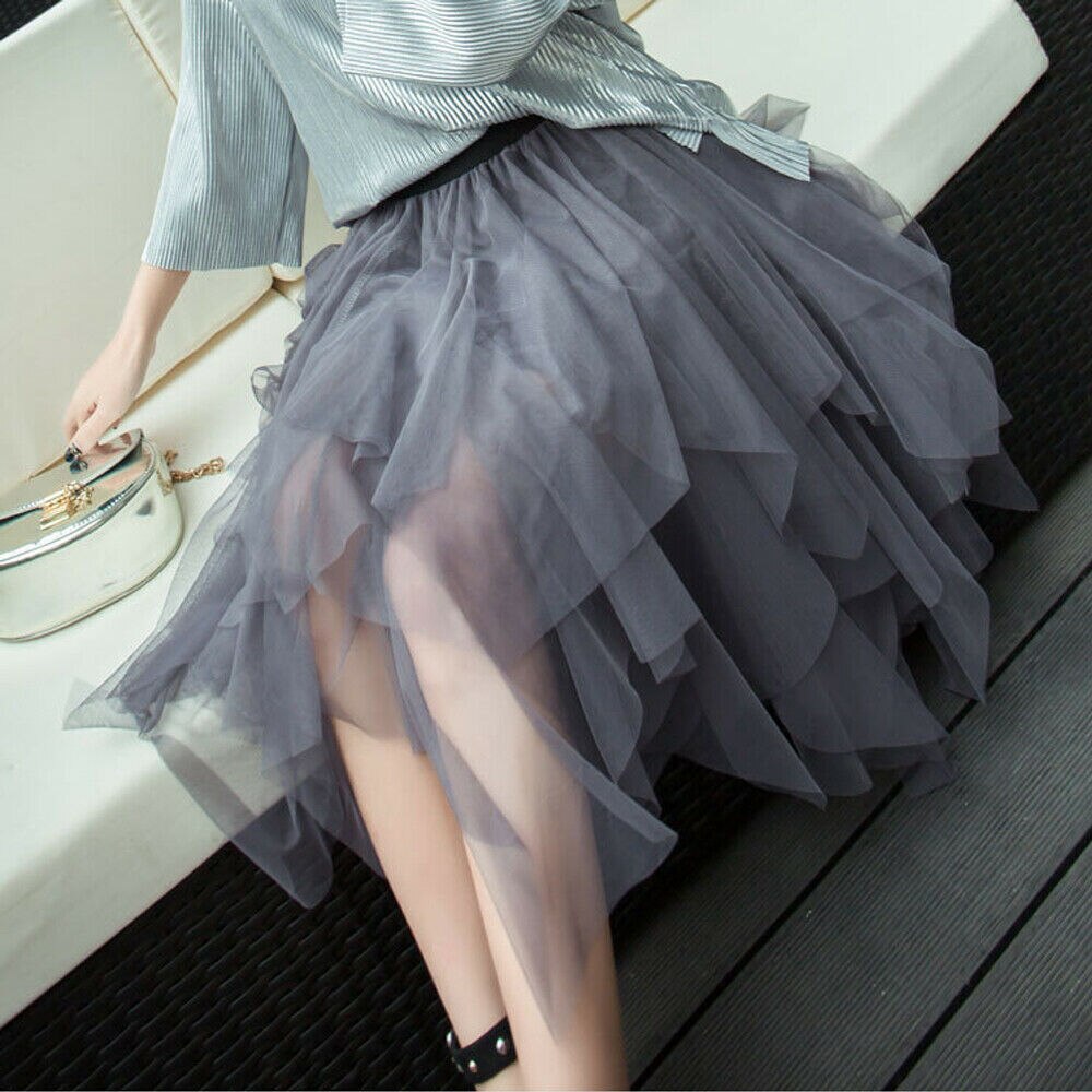 Vrouwen Tule Rok Elastische Hoge Taille Onderrok Ballet Onregelmatige Geplooide Maxi Rok Sheer Tutu Tule Rokken: GRAY