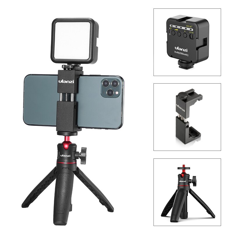 ULANZI Smartphone Vlog Kit 3 VL49 Mini Led Video Light Tripod Phone Holder for DSLR Camera iPhone 11 Pro Max Vlog Photography: VL49 MT-08 ST-02s