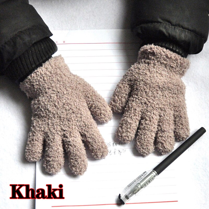 Winter Warm Plus Velvet Thick Gloves Cute Winter Kids Gloves Coral Fleece Children Plush Full Finger Keep Warm Solid Gloves: khaki