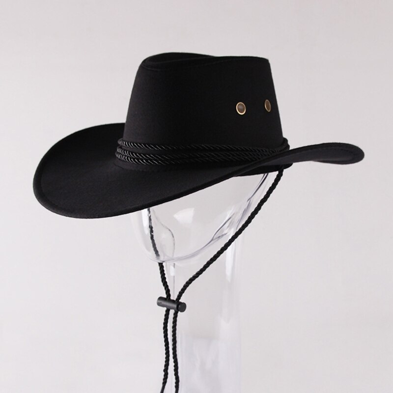 Unisex Western Cowboy Hat with Rope Men Women Retro Wide Brim Trendy Solid Color Jazz Hat Windproof Outdoor Sun Protection Cap