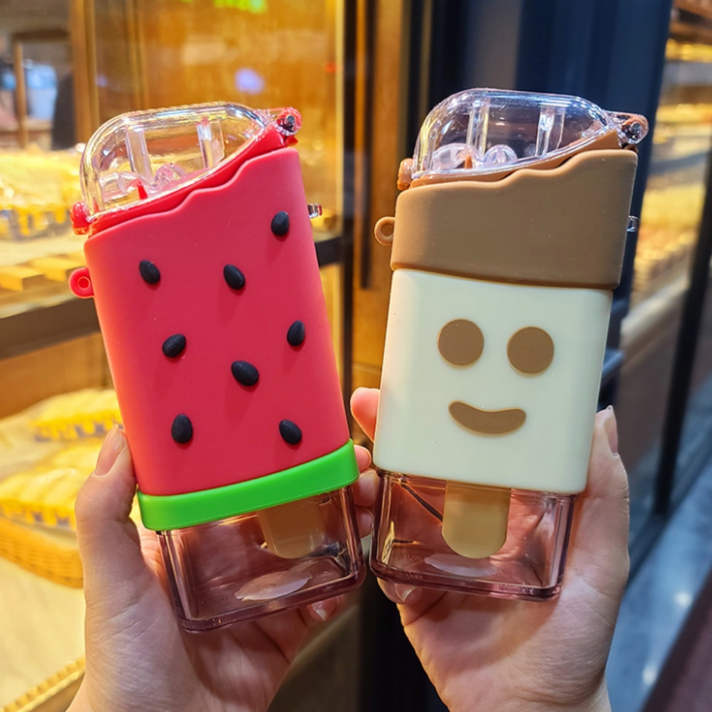 Summer Cute Donut Ice Cream Water Bottle With Straw Square Watermelon Cup Portable Leakproof Tritan Bottle BPA Free