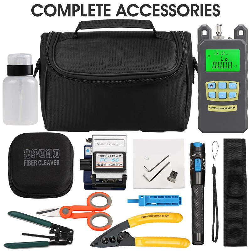 FTTH fiber optic tool kit FC-6S Fiber Cleaver Optical Power Meter 5km Visual Fault Locator with Stripping Pliers