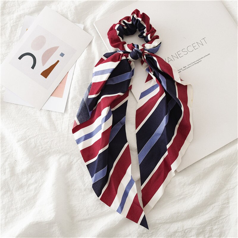 Coleta para mujer, pañuelo elástico largo, lazos para el pelo, cintas para el pelo, cinta para el pelo con estampado de rayas: 2