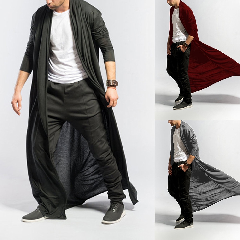 Mænd lang kappe frakke sjalkrave cardigan moderigtigt ensfarvet lange ærmer åben front lang længde drapering cape frakke