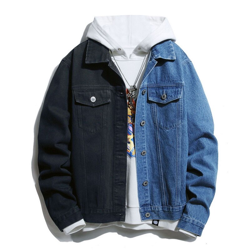 Mannen Streetwear Zwart Wit Twee-Tone Patchwork Slim Fit Jean Jassen Motorfiets Hip Hop Katoen Casual Denim Jacket Jassen: JEANS BLUE / Asian Size S