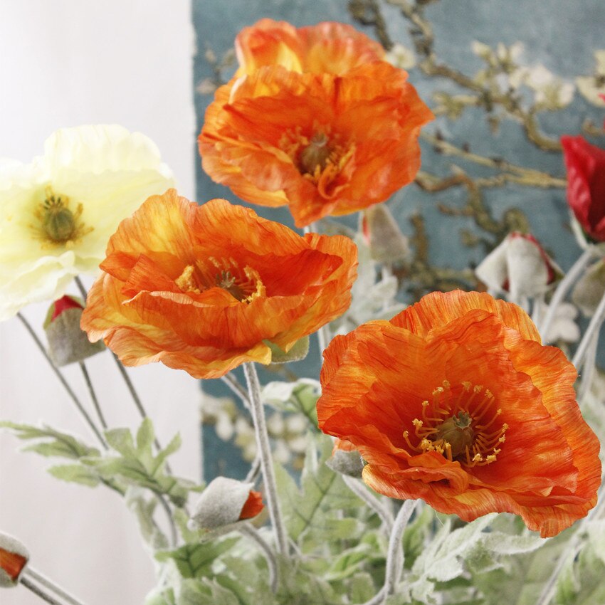 5 pièces artificielle grande fleur de coquelicot avec feuilles fleurs artificielles pour automne automne maison fête décoration couronne fausses fleurs de soie