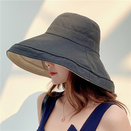 Anti-uv bred skygge bomuld linned solhat til kvinder ferie sommer panama foldbar spand hat stor skygge koreansk strand solhat: Sort