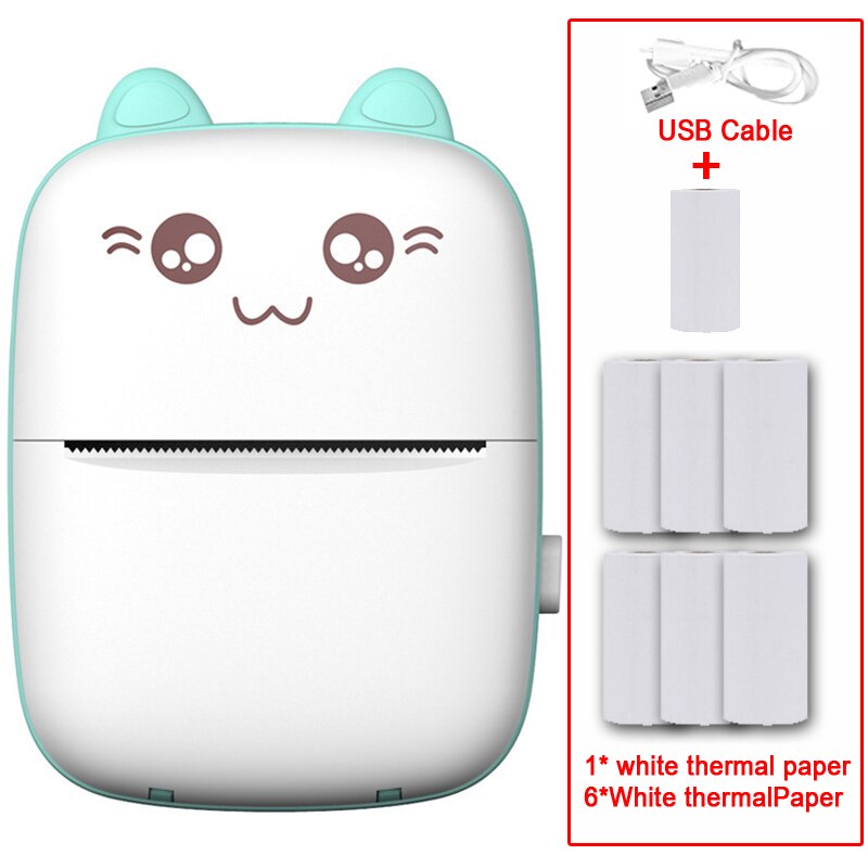 Portable MINI CAT Printer Thermal Print Photo Pocket Thermal Label Printer 58mm Printing Wireless Bluetooth Android IOS Printers: Blueadd6white