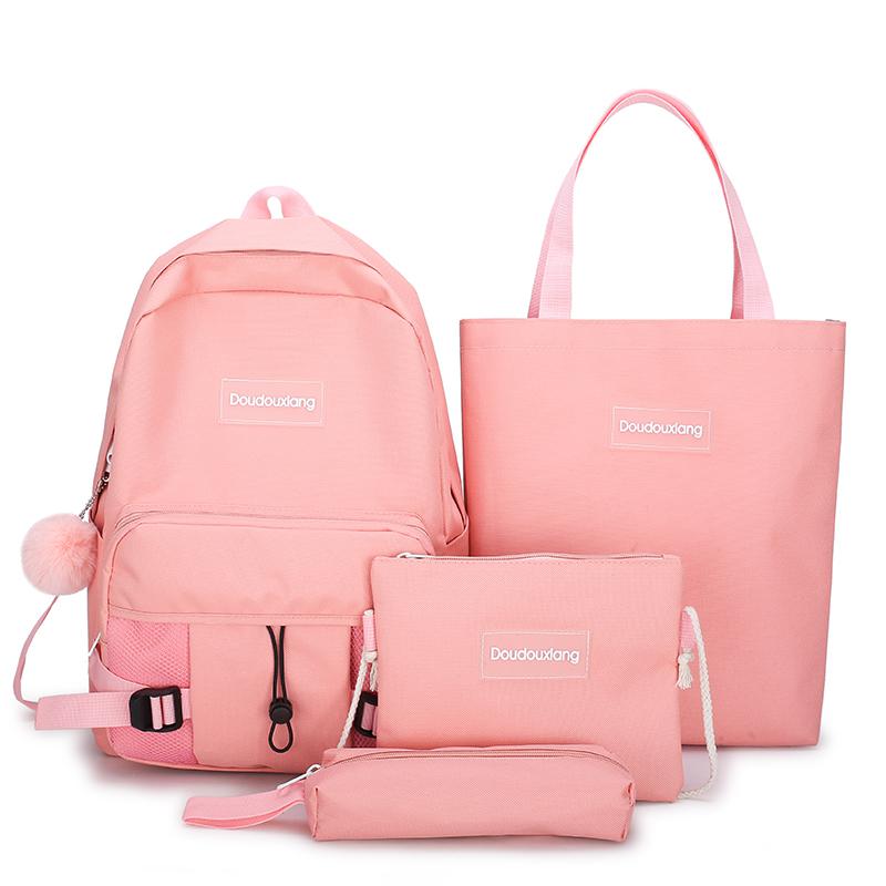 4pcs/set cute female Backpack Canvas backpack College school bags for teenage girls Kids book Bags women travel school backpack: Pink