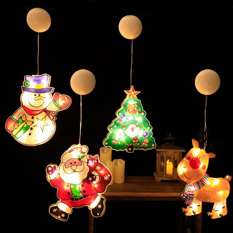 Kerstkamer glazen raam versierd met sterrenverlichting, lamp met zuignap, gekleurde lamp, hanglamp, kerstman sfeerdecoratie