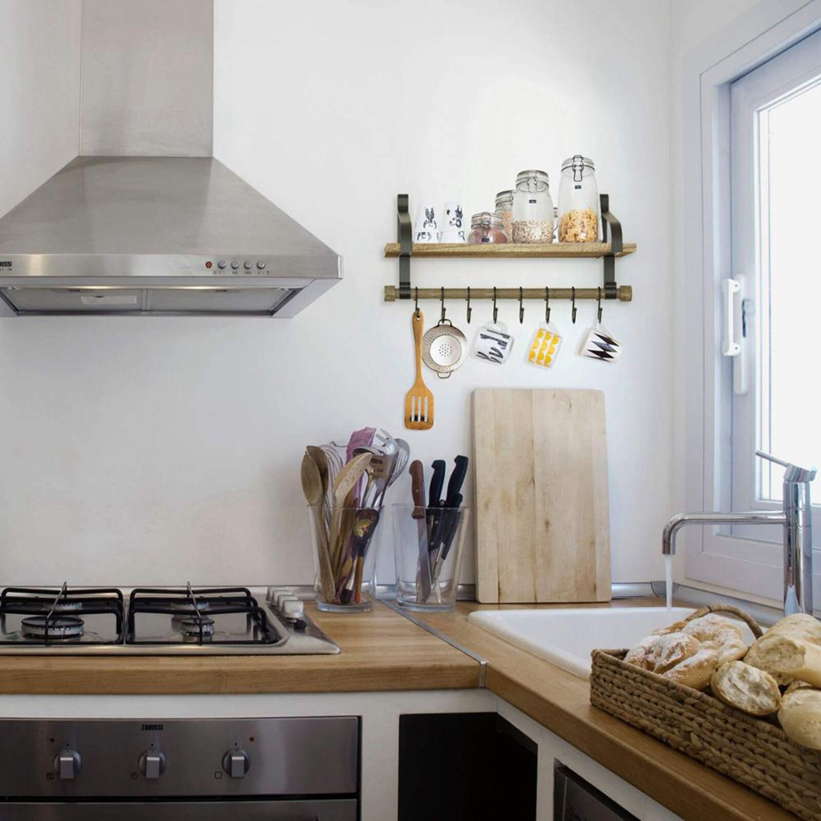 Rustic Wall Floating Wood Shelves Kitchen Organizer Stand Hanging Bracket