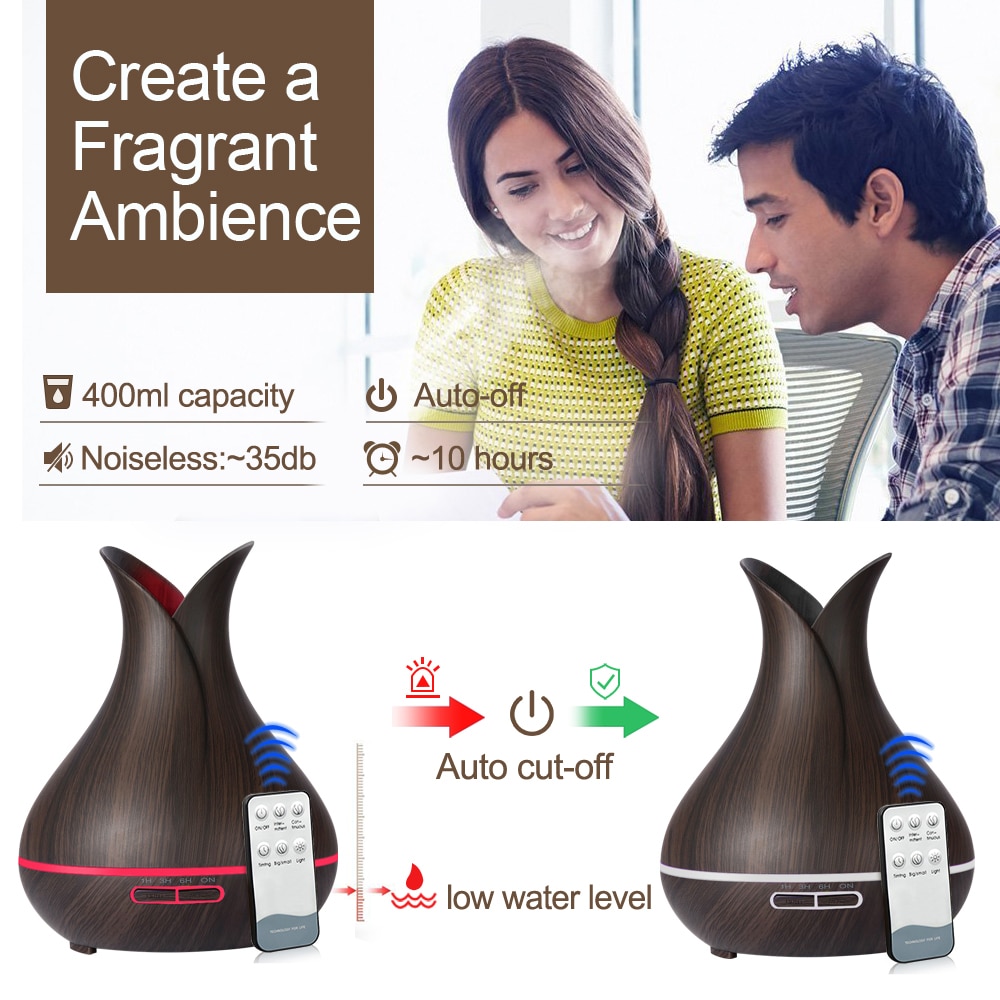 KBAYBO 400ml electric Ultrasonic Aroma Air humidifier Essential Oil Diffuser Wood Grain purifier mist maker LED light for home