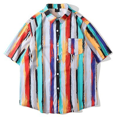 Vintage Street Spliced Tie-dyed Striped Shirts Men Women Lovers Short Sleeve Casual Hawaii Summer Tops Loose Clothing: XL