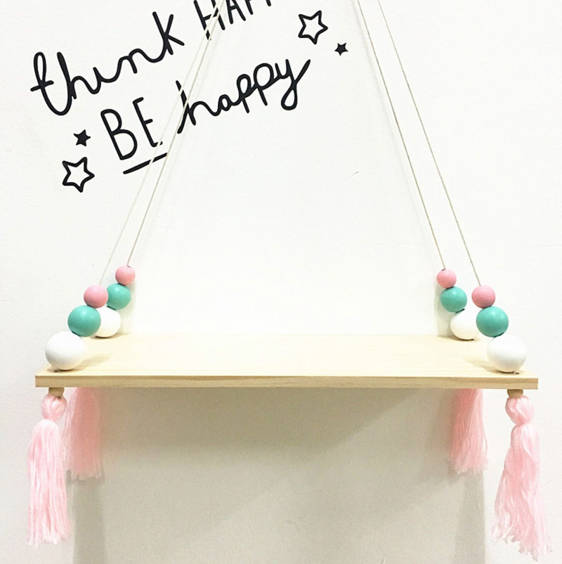 Wall Hanging Handmade Wood Rope Swing Storage Rack Kids Room Storage Holder Floating Display Shelves Wall Decoration