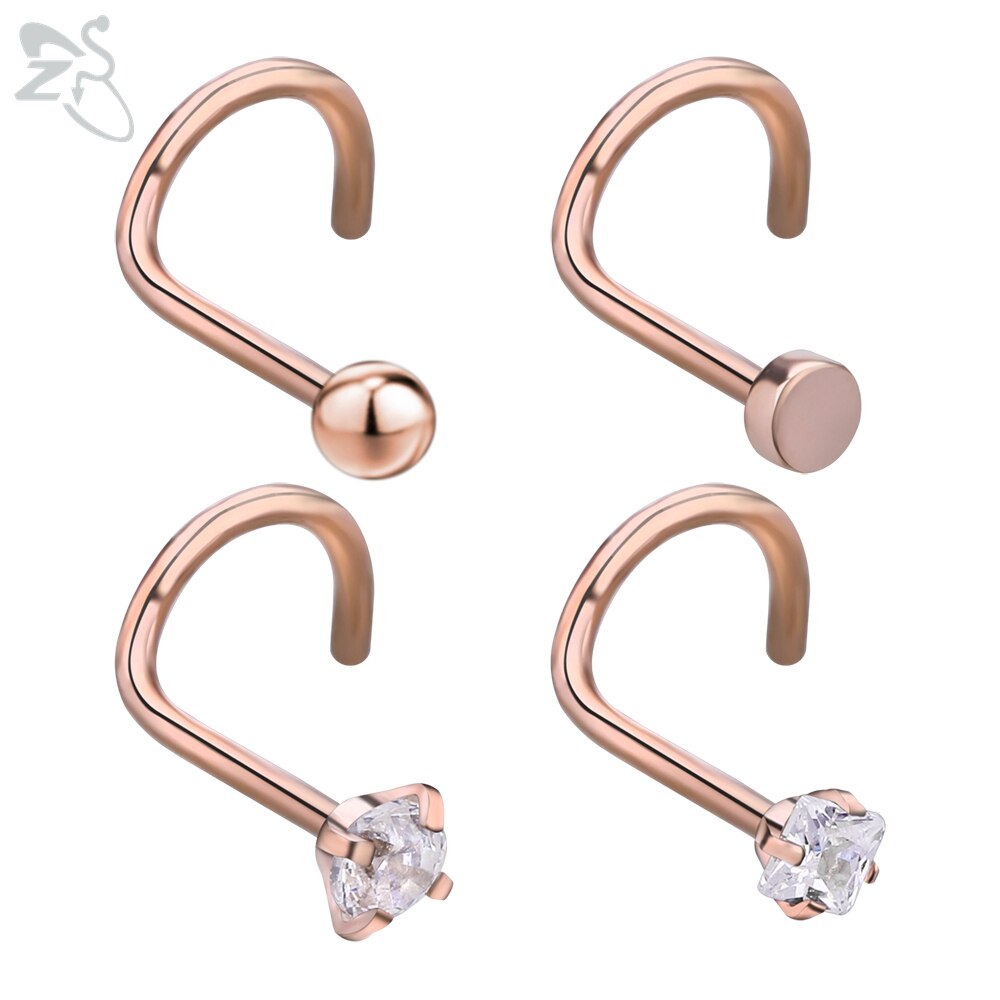 ZS 4PC/Lot Rose Gold 5-Shape Nose Stud with Round&Square Cubic Zircon for Women Shinning Crystal Nose Piercing Jewelry Accessory: Default Title