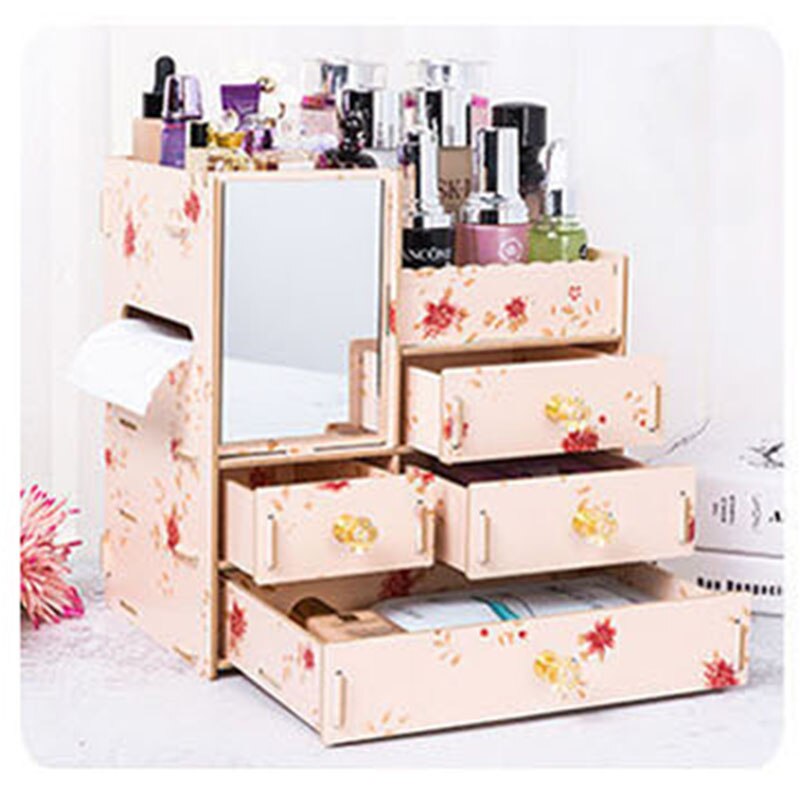 Organizador de maquillaje de madera con espejo, cajón de escritorio, organizador de cosméticos para mujer, tocador, lápiz labial, Perfume, caja de almacenamiento de joyería: Spring flowers