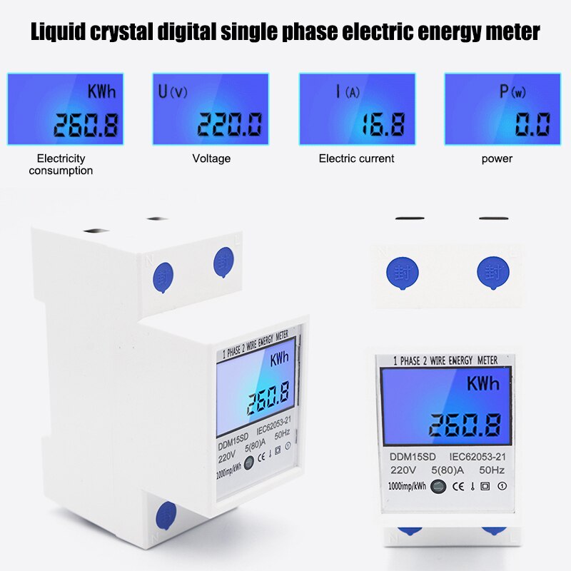 LCD Digital Single Phase Energy Watt KWh Meter Rail Mount Multi-Function Wattmeter YE