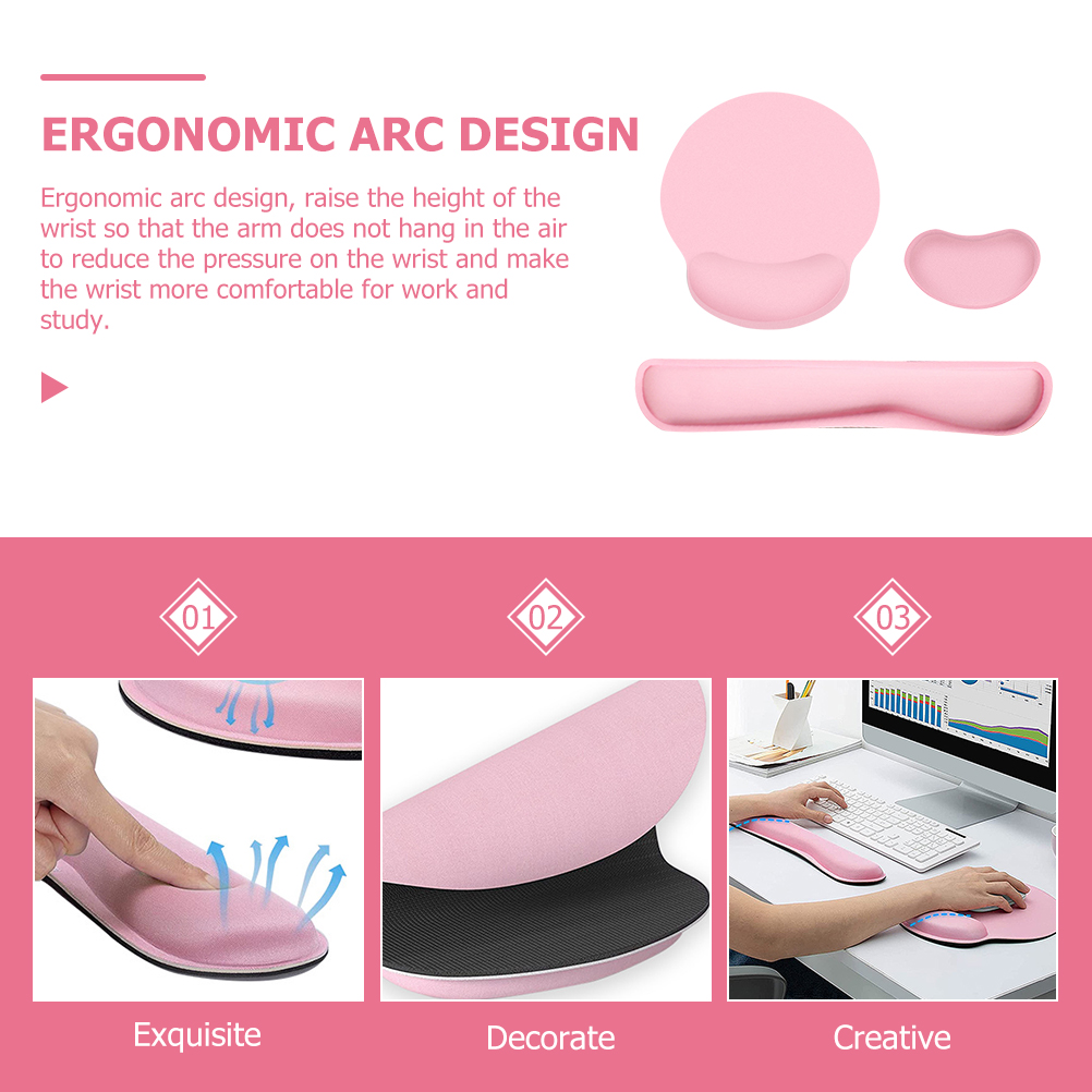 Mouse Pad for Laptop Three Piece Set Ergonomic Keyboard Wrist Rest Base Support Pink with