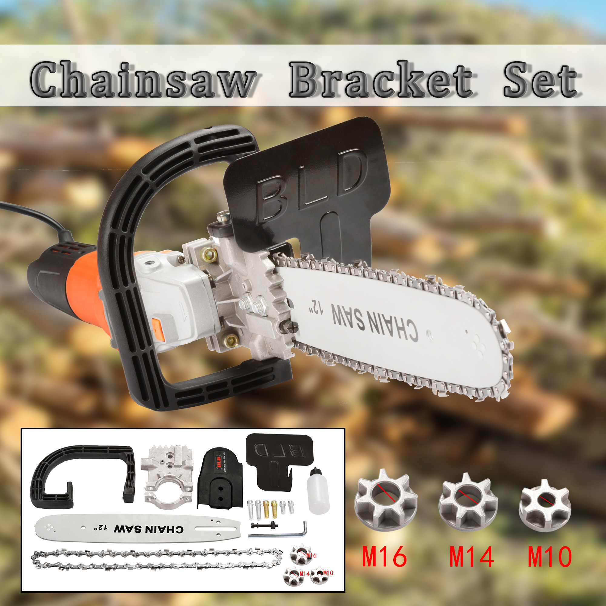 11.5/12 Inch Chainsaw Bracket Changed 100 125 150 Electric Angle Grinder M10/M14/M16 Into Chain Saw Woodworking Power Tool Set