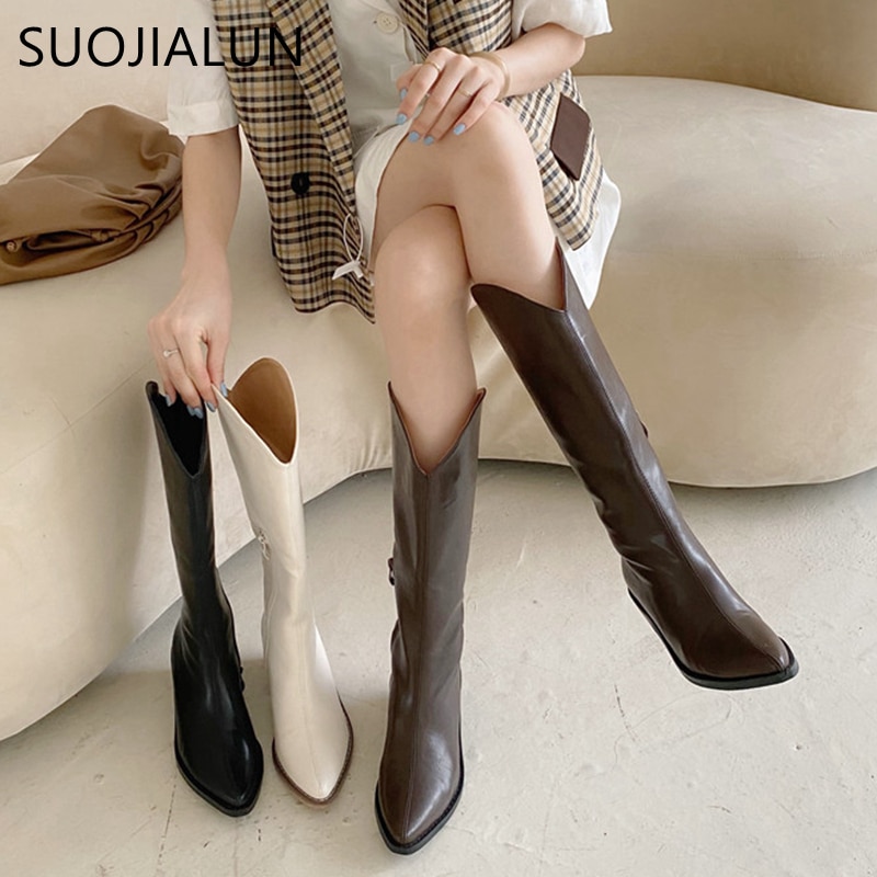 SUOJIALUN-bottes chevalier pour femmes, nouvelle , bottes carrées à talons bas et de , bottes occidentales à bout pointu, montantes,