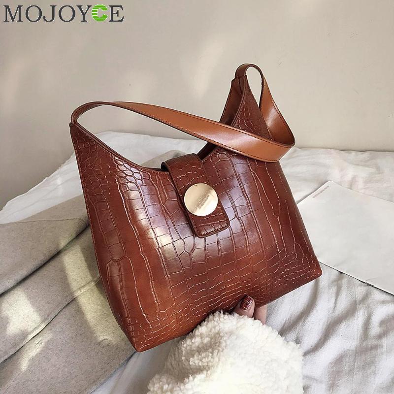 Women Retro Crocodile PU Leather Handbags Solid Color Shoulder Bag Simple Shopping Totes