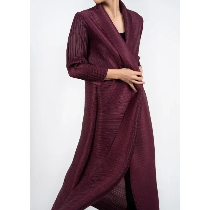 Gghk plisseret kvinders luksuriøse trenchcoat ensfarvet revers langærmet cardigan vintage løs stor størrelse arabisk abaya til kvinder: Cyan