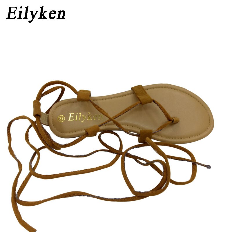 Eilyken Summer Roman Sandals Multiple Cross-Strap tall knee high Bondage Thong Nubuck Women Sandals Flip flops Black Apricot